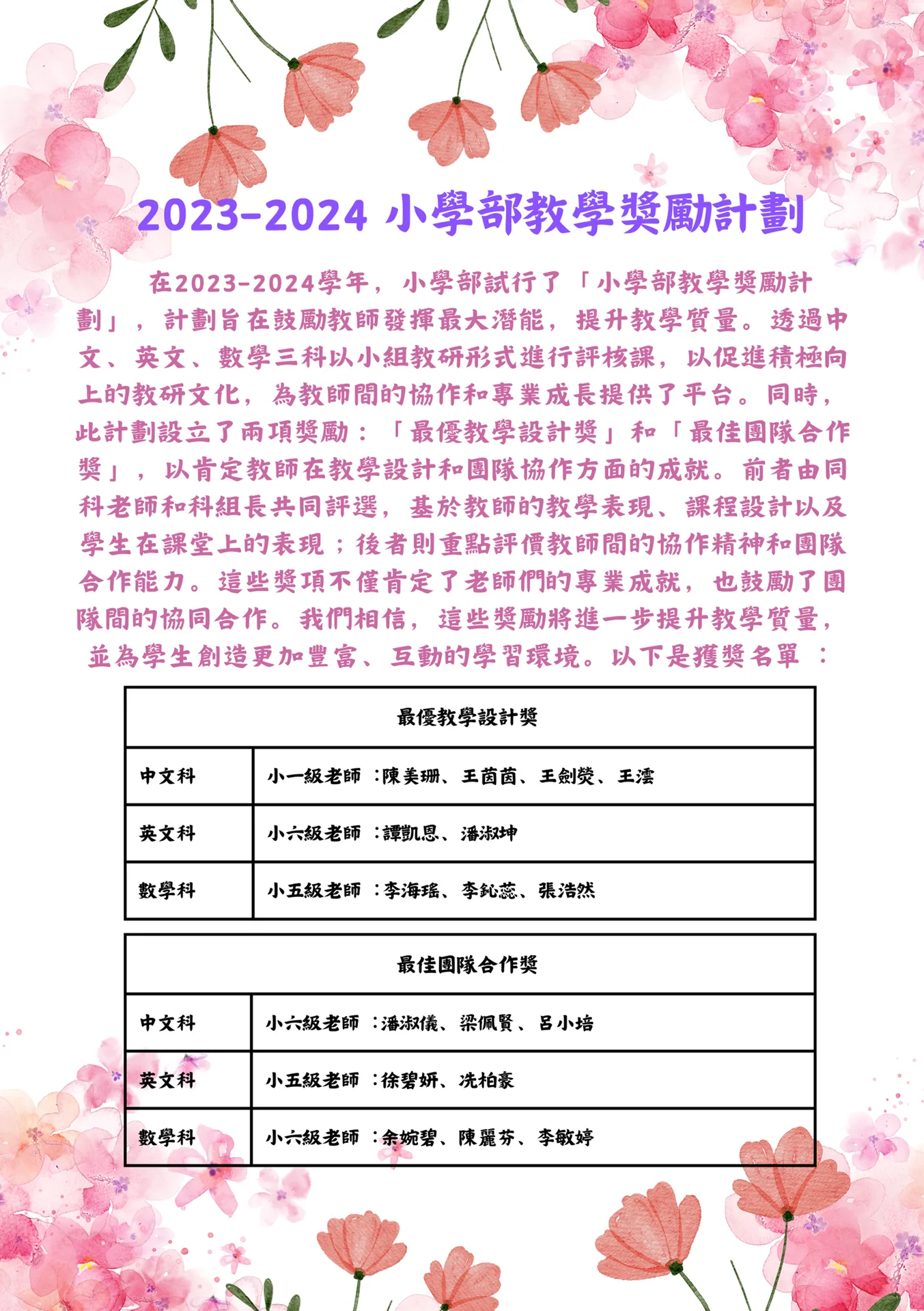 2023-2024小學部教學獎勵計劃