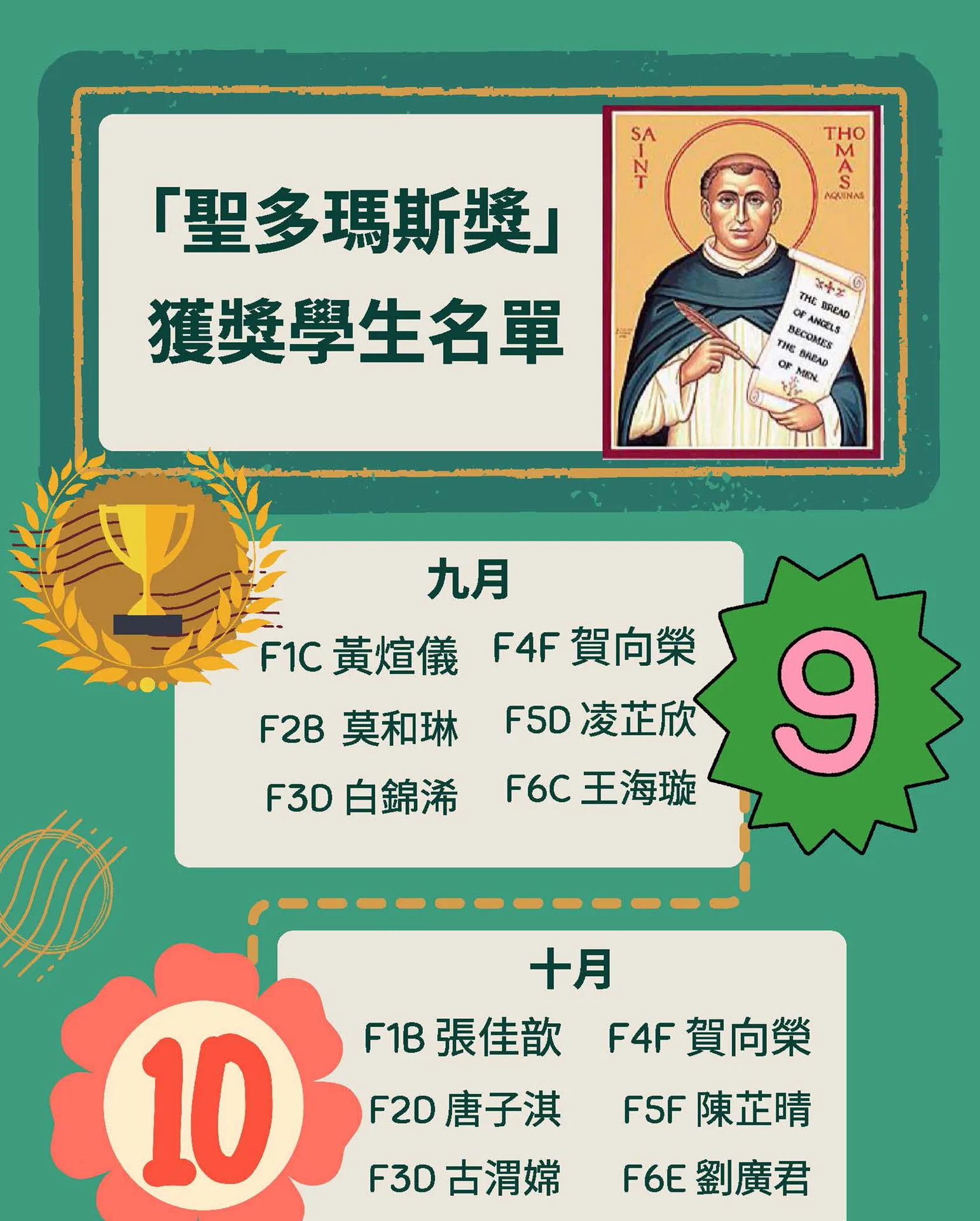 恭賀上學期獲得「聖多瑪斯獎」的學生